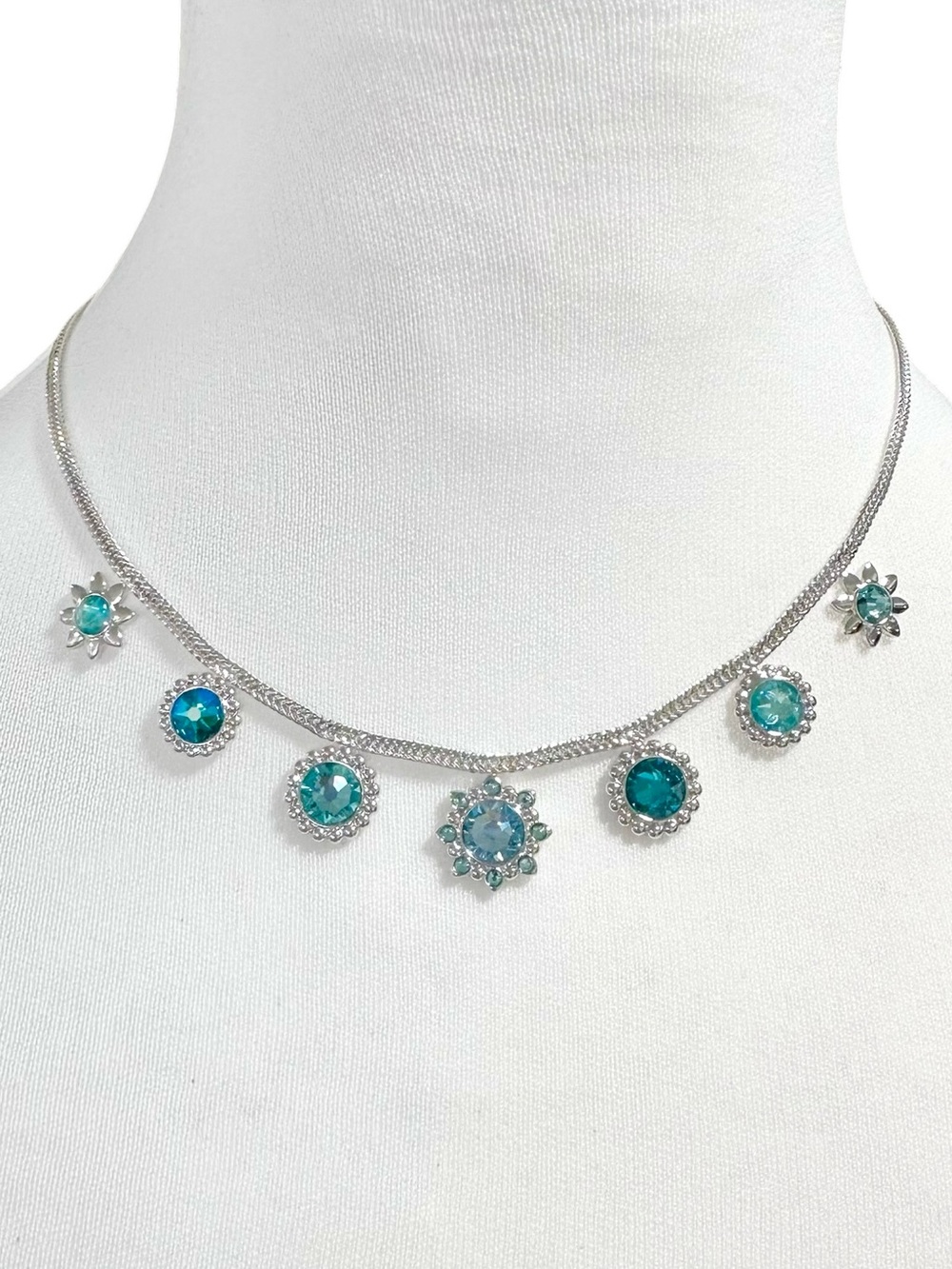 Touchstone Silver & Aqua Ice Turquoise Blue Full Bloom Necklace New in Box